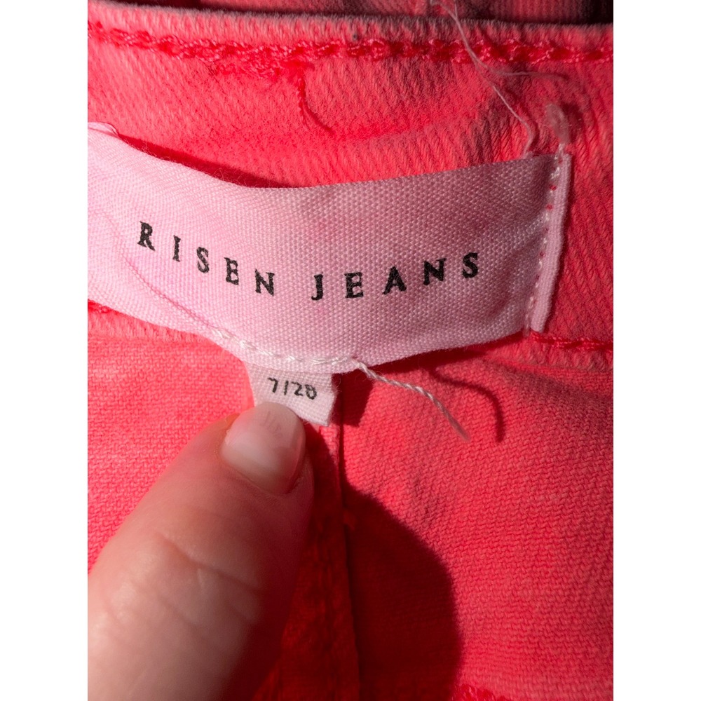 Risen Jeans Neon Pink Distressed Flare High Rise Denim RDP5265-N Size 7/28 A1 - Picture 5 of 12